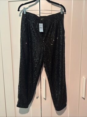 LOFT Black Sequin Tapered Jogger Pants